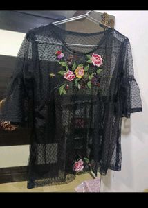 Embroidery Black sheer net top