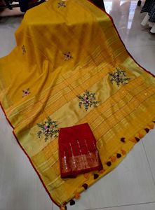 BRAND NEW HAND Embroidered LINEN Saree