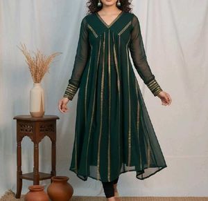 Stylish Bottle Green &amp; Gold Kurti With Earrings