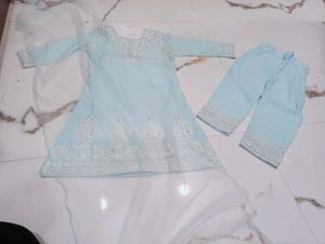 Girls' Light Blue Embroidered Salwar Kameez