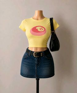 💛 Y2K Yellow Baby Tee 8 Ball Graphic Print 🎱✨