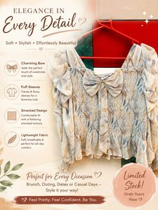 Women’s Elegant Smocked Bow Puff Sleeve Top | Soft