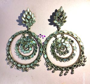 Long Mirror Worked Chandbali Earrings