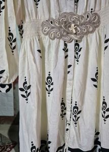 White Kurta with Black Floral Print
