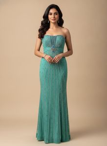 blue beaded gown