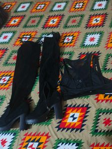 combo for Black Over-the-Knee Boots & Crop Top Set