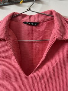 Pink Ribbed Collared V-Neck Top