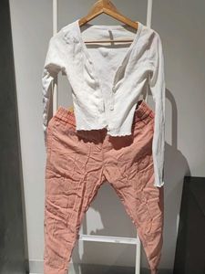 White Cardigan and Pink Pants Set