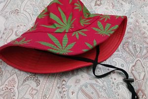 Red Bucket Hat with Green Leaf Print