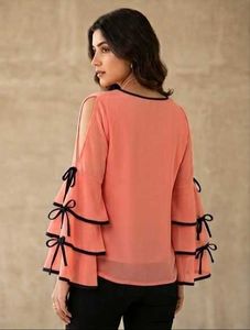Peach Cold-Shoulder Top with Tiered Bell Sleeves