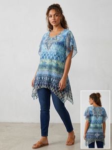 Blue Boho Print Embellished party  Top