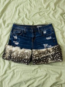 Distressed Denim Shorts with Fur Trim