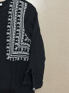 Black Embroidered Tassel Blouse