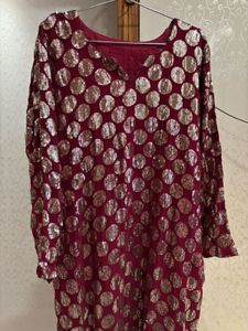 Elegant Red Kurta Set with Golden Polka Dots
