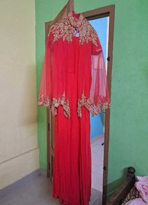 Stunning Red Embroidered Gown with Cape