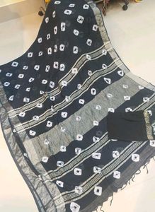 New Black Bandhani Print linen Saree with Blouse