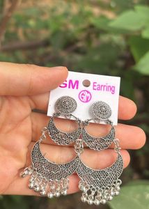Boho Silver Oxidised Jhumka Earrings