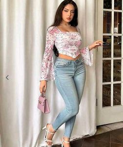 Floral Bell Sleeve Mesh Crop Top