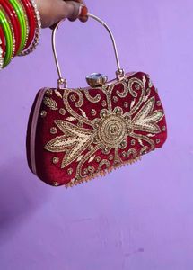 Maroon Clutch with Gold Embroidery