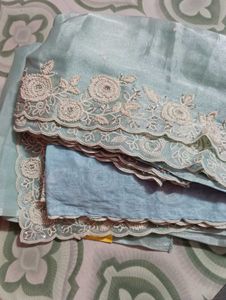 Elegant Sky Blue Saree with Floral Lace