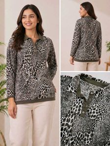 Chic Animal Print Long Sleeve Polo Top