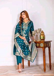 Teal Embroidered Kurta Set with Dupatta