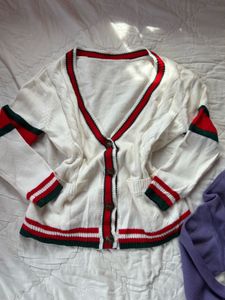 Chic White Cardigan with Red Trim