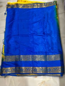 Vibrant Blue &amp; Yellow Brocade Saree