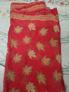 Vibrant Red Saree with Leaf Print