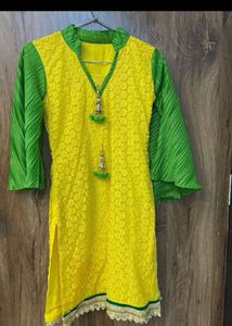 Yellow & Green Embroidered Kurta
