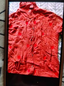 Cute Heart Print Button-Up Top