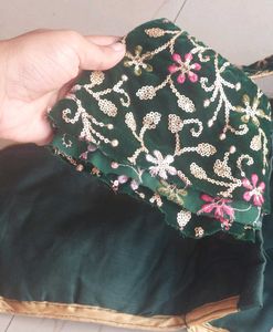 Dark Green Embroidered Velvet Blouse