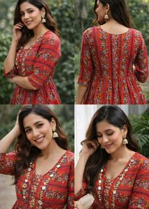Beautiful Red Floral Kurta with Mirror Work
