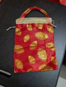 Red Peacock Print Drawstring Pouch