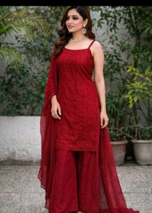 Stunning Red Chikankari Kurta Set