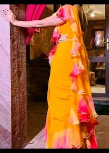 Bright Yellow &amp; Pink Ruffle Saree