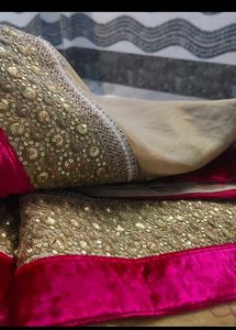 Beige hot red Saree with padded blouse
