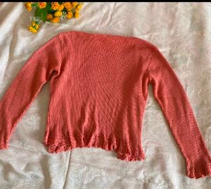 Coral Ribbed Tie-Front Cardigan