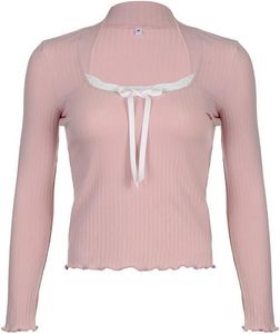 Pink Lace Trim Long Sleeve Top