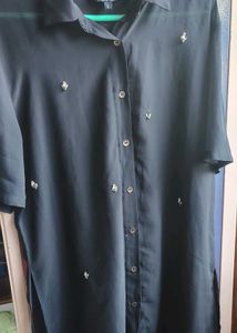 Chic Dark Blue Sheer Button-Up Top