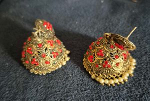 Elegant Jhumka Earrings with Red Stones