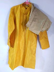 Manyavar Men's Yellow Kurta with Beige Pants