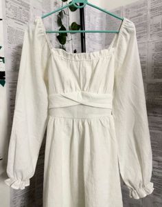 Chic White Square Neck Puff Sleeve Dress(XS)