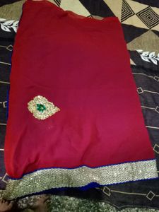 Elegant Red and Blue  Saree with Embellishments