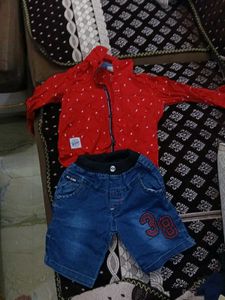 Red Printed Shirt & Denim Shorts Set for 2-4 yrs o