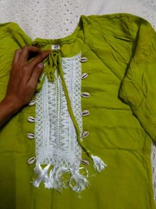 Lime Green Kurta Set with Lace Details