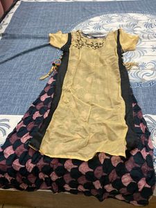 Elegant Yellow Kurta Set with Printed Skirt