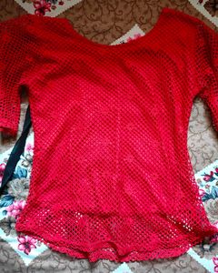 Women's Red Fishnet Top