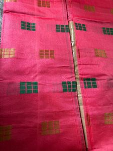 Vibrant Pink Saree with Green &amp; Gold Checks