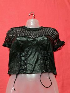 Black Mesh Lace-Up Corset Crop Top
